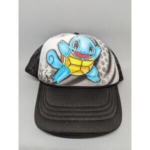 Pokemon Squirtle Trucker Hat Custom Airbrushed Adjustable Mesh Back Black White